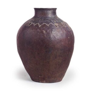 Echizen ware: four handled jar with wavy pattern.