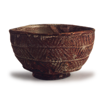 Gray Shino tea bowl of Hori (engraved) Mishima style