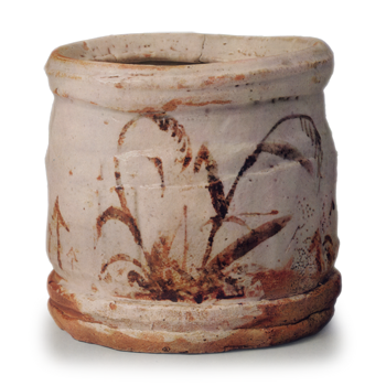 Shino notch-shaped water jar with reed and mountain design
