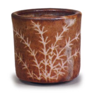 Red Shino incense burner with grass design