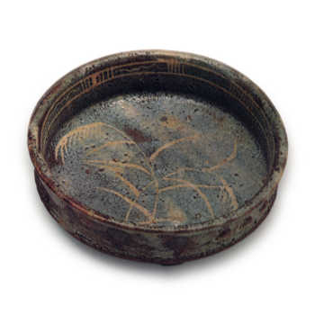 Gray shino mukōzuke bowl with row of bosses, with miscanthus design