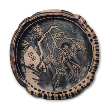 Gray Shino shallow bowl with tree design