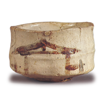 Shino tea bowl with bridge design, known as "Wakamiya"