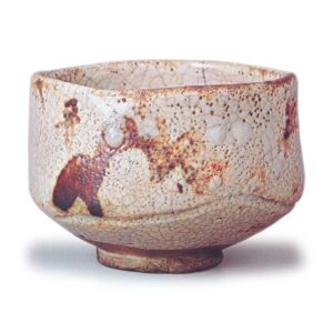 Shino tea bowl with landscape design, known as "Asahagi"