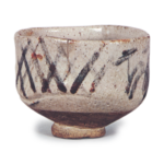 Shino tea bowl with design of landscape and geometric pattern known as higaki