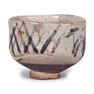 Shino tea bowl with design of landscape and geometric pattern known as higaki