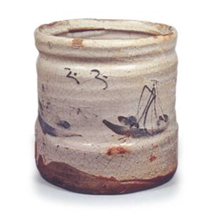 Shino water jar with notch-shaped mouth, with sail boat design