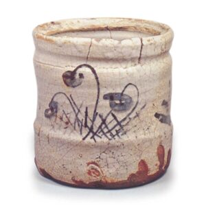 Shino water jar with notch-shaped mouth, with sail boat design