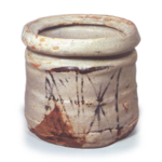 Shino water jar with notch-shaped mouth, with design of unsun-karuta cards