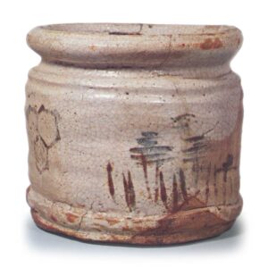Shino water jar with notchi-shaped mouth, with landscape and tortoise-shell design