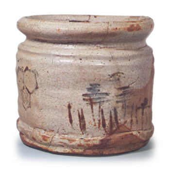 Shino water jar with notchi-shaped mouth, with landscape and tortoise-shell design