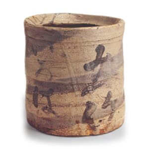 Marbled Shino water jar with iroha phonic letters