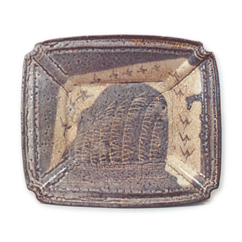 Gray Shino rectangular dish with reed and wild goose design