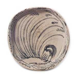 Shino bowl with reed and heron design