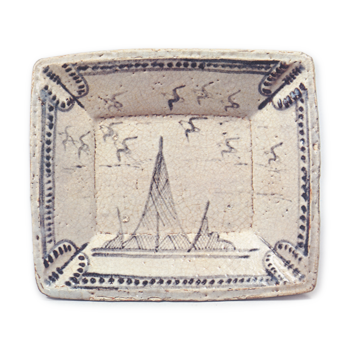 Shino rectangular dish with fishing-net and plover design