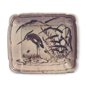 Shino rectangular dish with reed and heron design