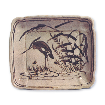 Shino rectangular dish with reed and heron design