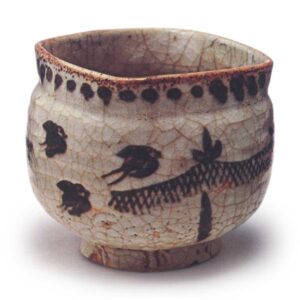 Shino mukozuke bowl with plover and fishing-net design