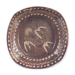 Gray Shino mukozuke dish with design of bird in flight