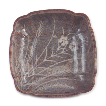 Gray Shino mukozuke dish with pink-flower design