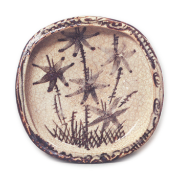 Shino mukozuke dish with bamboo design