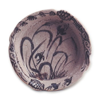 Shino mukozuke dish with reed and plover design