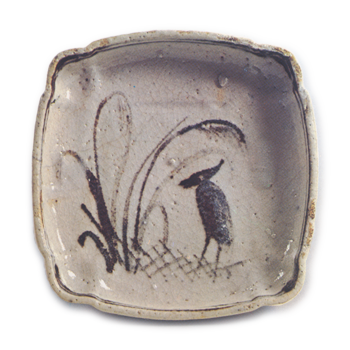 Shino mukozuke dish with reed and heron design