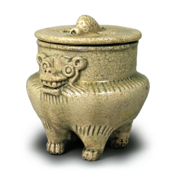Yellow Seto incense burner in shishi design
