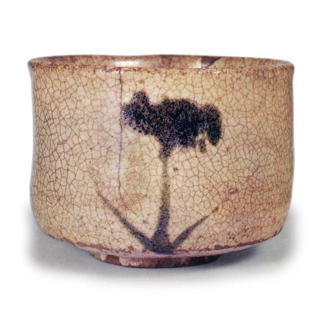 Tea bowl with iris design, E-garatsu (Karatsu with painted ornament) type