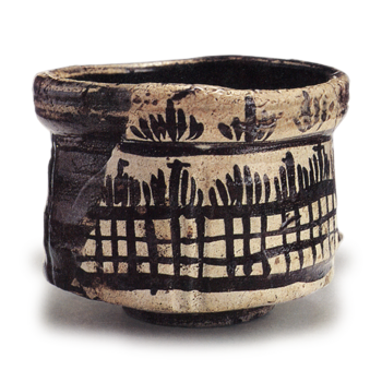 Black Oribe tea bowl with iris and checker design, known as "Masa-gaki"