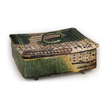 Oribe coverd square box with katawa-guruma (wheels in stream)design