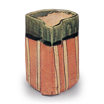 Oribe two cylindrical mukōzuke bowls in shape of fan