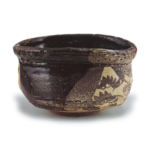 Black Oribe "shoe"-shaped tea bowl with pine-tree design, known as "Hagoromo"