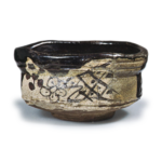 Black Oribe "shoe"-shaped tea bowl with plum blossom design