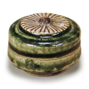 Oribe incense caddy with chrysanthemum design