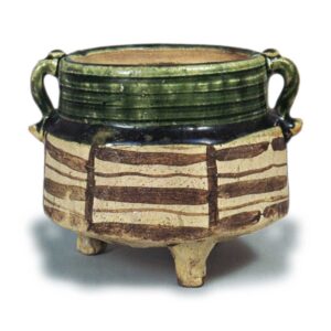 Oribe incense burner with handles with kanto stripe design