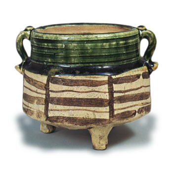 Oribe incense burner with handles with kanto stripe design