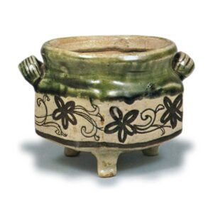 Oribe incense burner with handles with flowering grass scroll design