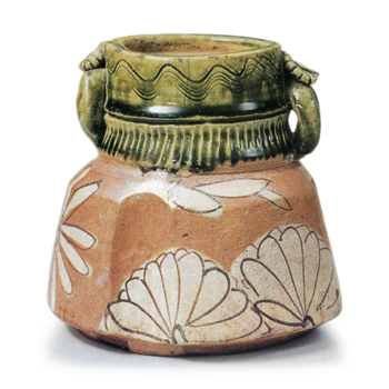 Oribe water jar wih chrysanthemum design