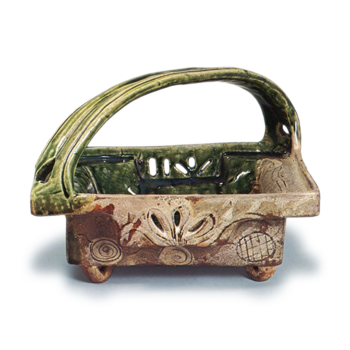 Oribe square bowl with handle across mouth with openwork design