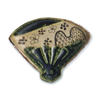 Oribe mukōzuke bowl in shape of fan with plum blossom design