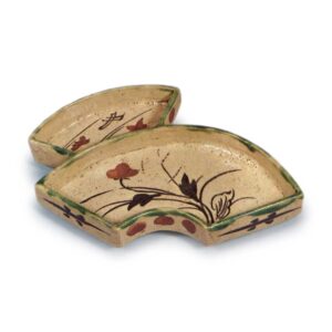 Oribe dish in shape of fan with flowering grass designs