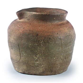 Bizen ware: beaked jar with incised ornament.