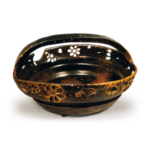 Bizen bowl with handle across mouth. with openwork design