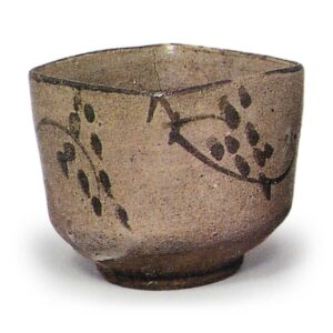 Three square mukozuke bowls with scrolling plant designs, E-garatsu type