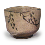 Three square mukozuke bowls with scrolling plant designs, E-garatsu type