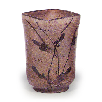 Five cylindrical square mukōzuke bowls with flowering grass designs, E-garatsu type