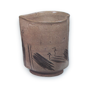 Cylindrical mukōzuke bowl in the shape of peach with landscape design, E-garatsu type