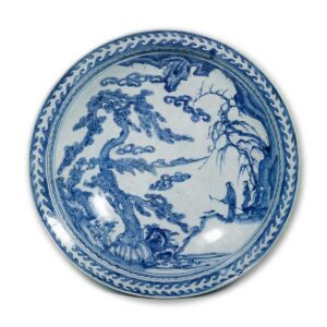 Large bowl with design of figures under the tree, blue and white