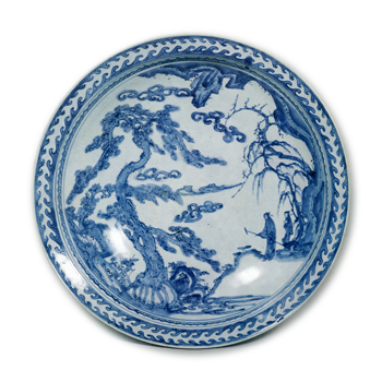 Large bowl with design of figures under the tree, blue and white